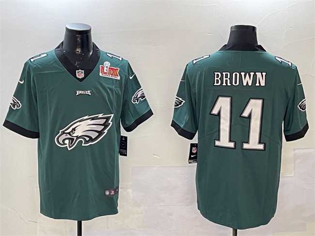 Mens Philadelphia Eagles #11 A. J. Brown Green 2025 Super Bowl LIX Patch Team Big Logo Vapor Untouchable Limited Stitched Jersey